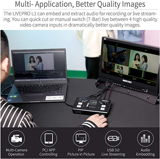 FEELWORLD LIVEPRO L1 V1 Multi Camera Video Mixer Switcher 2 Inch LCD Display 4 x HDMI Inputs USB 3.0 Output Format Real Time Production Live Streaming Lightweight