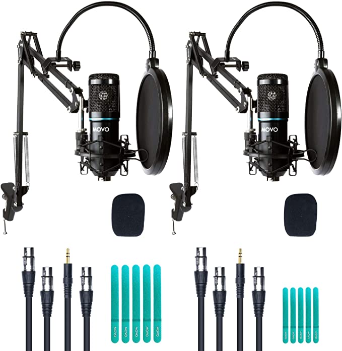 Movo 2-Pack Universal Cardioid Condenser Microphone Kit with Articulating Scissor Arm Mic Stand, Shock Mount and Gooseneck Pop Filter - Home Studio Equipment Set for YouTube, Podcast, Streaming, ASMR