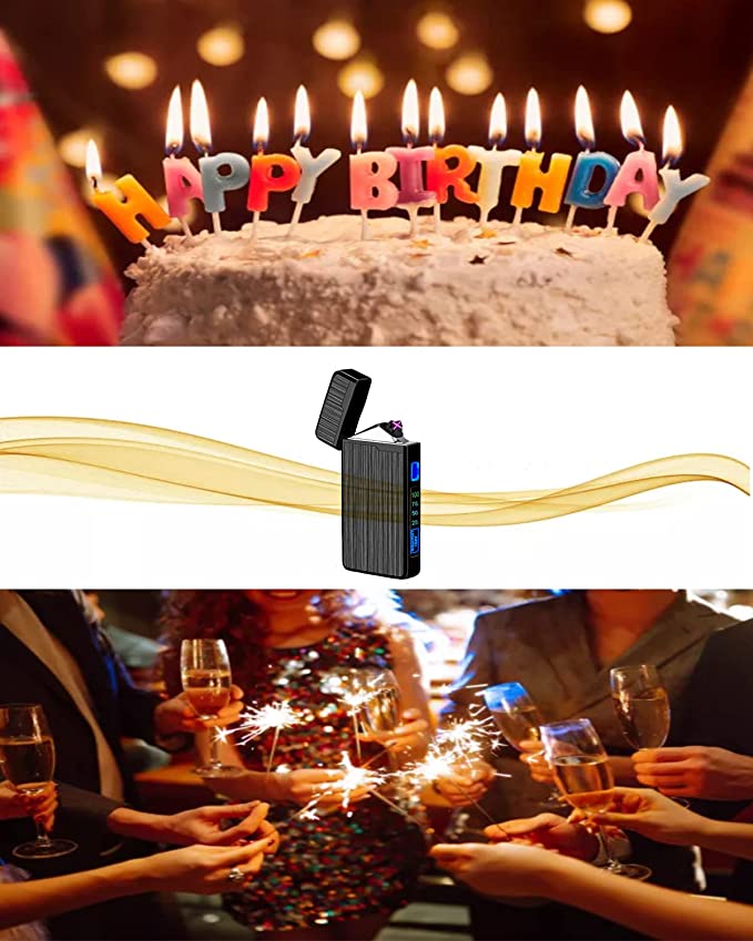 ULMCULM Electric Lighter, USB Rechargeable Lighter, Plasma Dual Arc Lighter, Windproof Flameless Lighter, Pocket Metal Lighter with LED Battery Indication for Candles, Incense, Camping (Black)