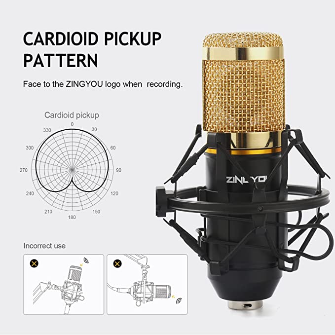 ZINGYOU Condenser Microphone Bundle, BM-800 Mic Kit with Adjustable Mic Suspension Scissor Arm, Metal Shock Mount and Double-Layer Pop Filter for Studio Recording & Broadcasting (Gold)
