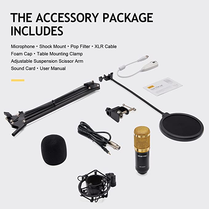 ZINGYOU Condenser Microphone Bundle, BM-800 Mic Kit with Adjustable Mic Suspension Scissor Arm, Metal Shock Mount and Double-Layer Pop Filter for Studio Recording & Broadcasting (Gold)